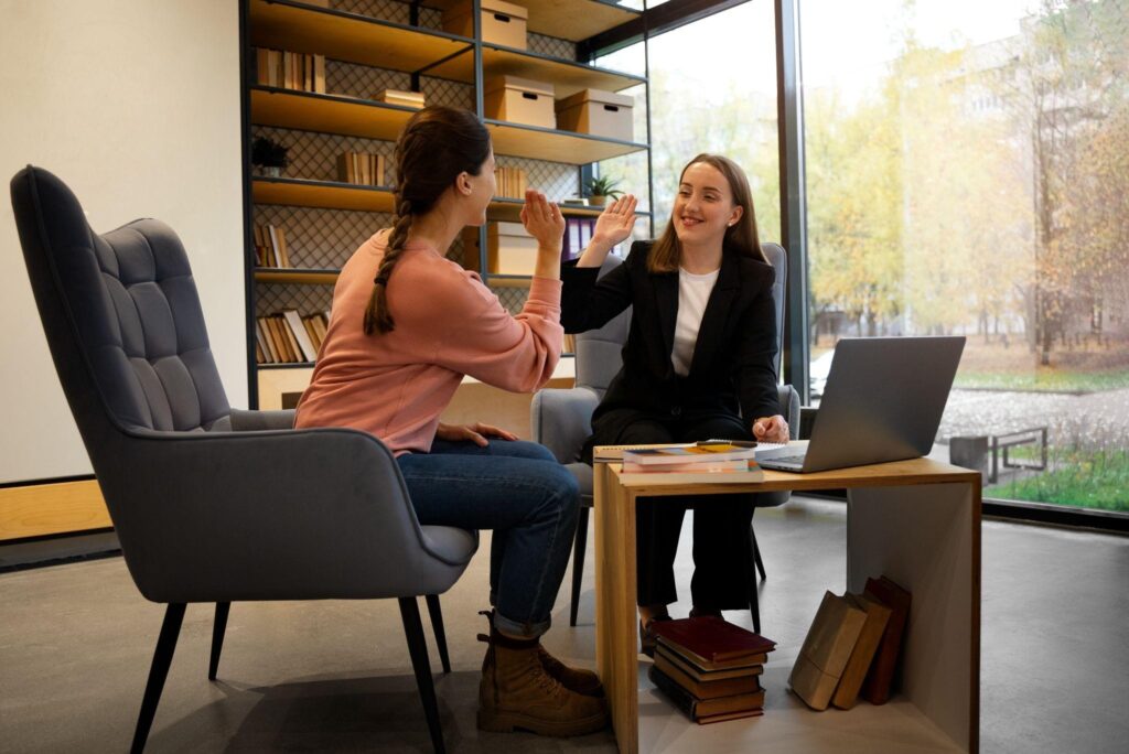 Professional discussing career transition with a life coach